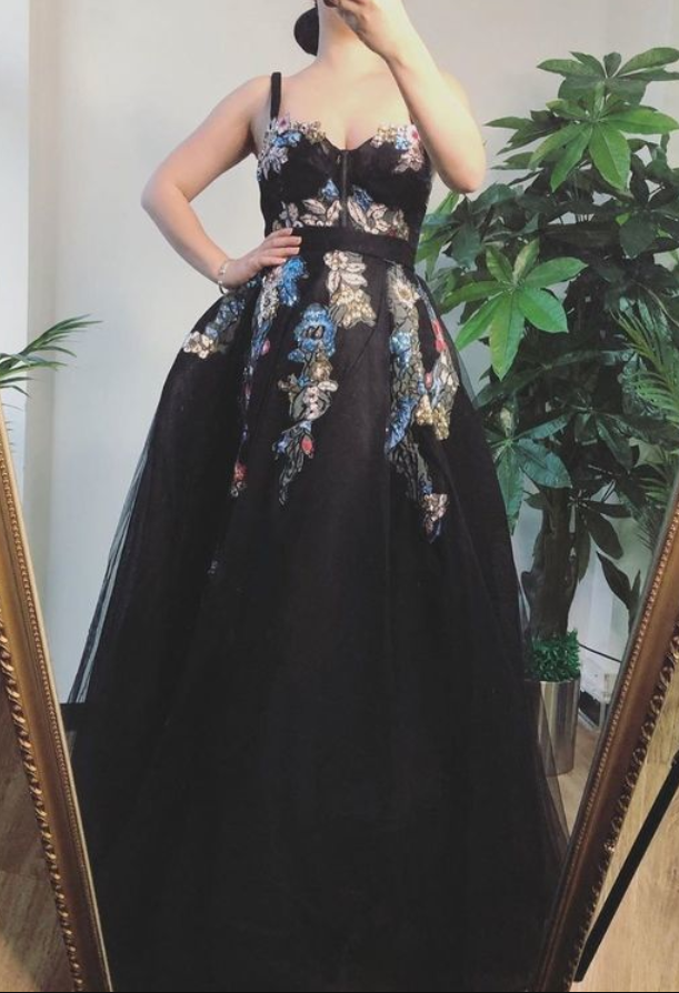 Modest Tulle Black Appliques Long Prom Dress, A Line Evening Dress,5226