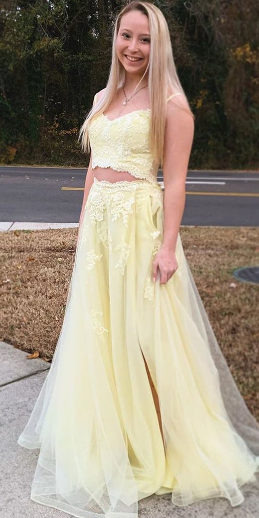 Stylish V neck Straps Two Piece Prom Dress, Yellow Appliques Homecoming Dress,5315