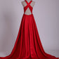 2024 Red V Neck Evening Dresses A Line Sweep Train  With Slit & Ruffles