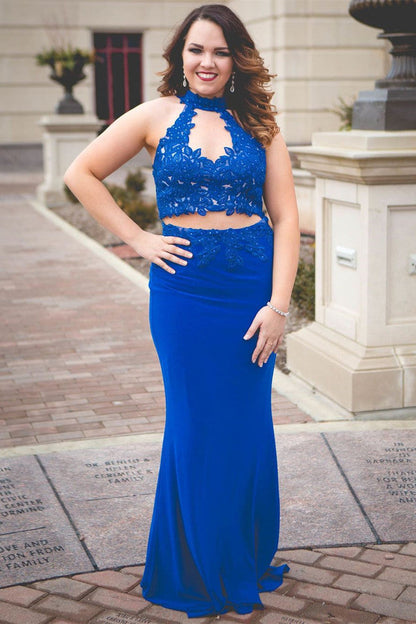 Sexy Royal Blue Two Piece Lace Long Prom Dress.5410