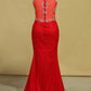 2024 Red Plus Size Prom Dresses Scoop Beaded Bodice Sweep Train Lace Mermaid