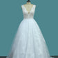 A Line Lace V Neck Wedding Dresses With Applique Open Back Court Train