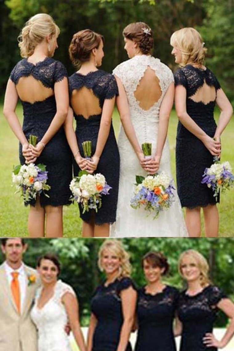 Sheath Navy Blue Open Back Lace Bridesmaid Dresses Wedding Party Dresses