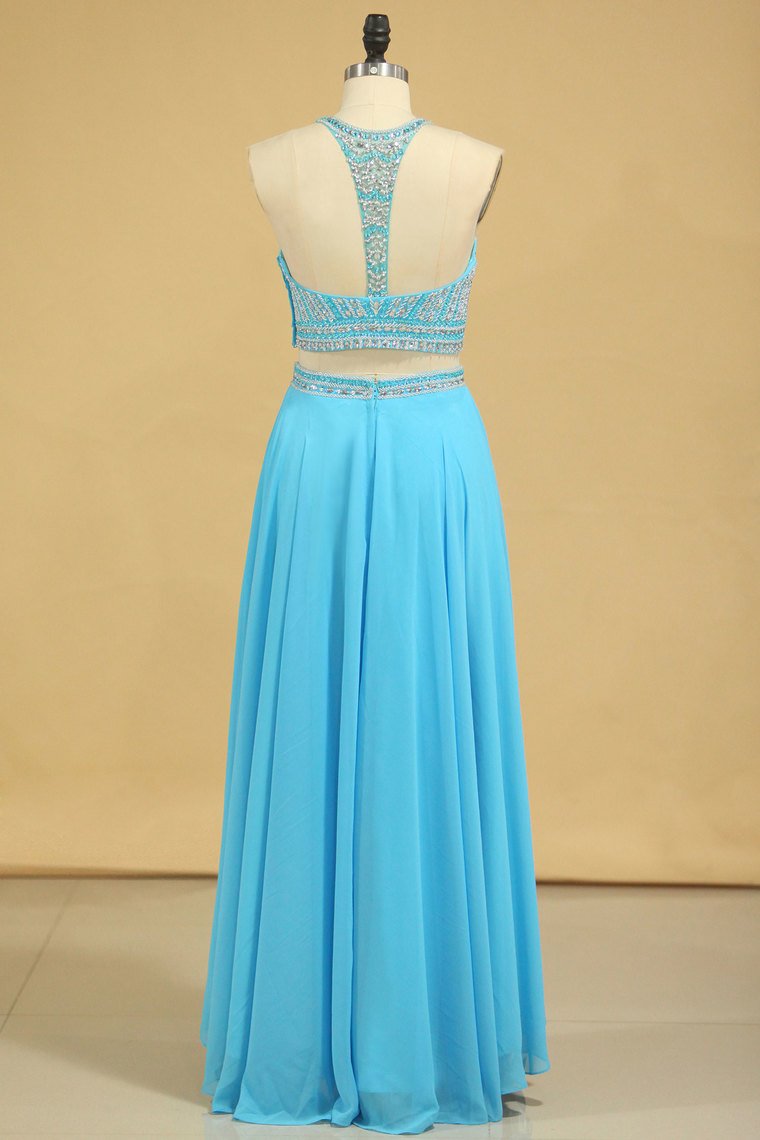 Two-Piece Scoop Prom Dresses A Line Open Back Chiffon & Tulle With Beading