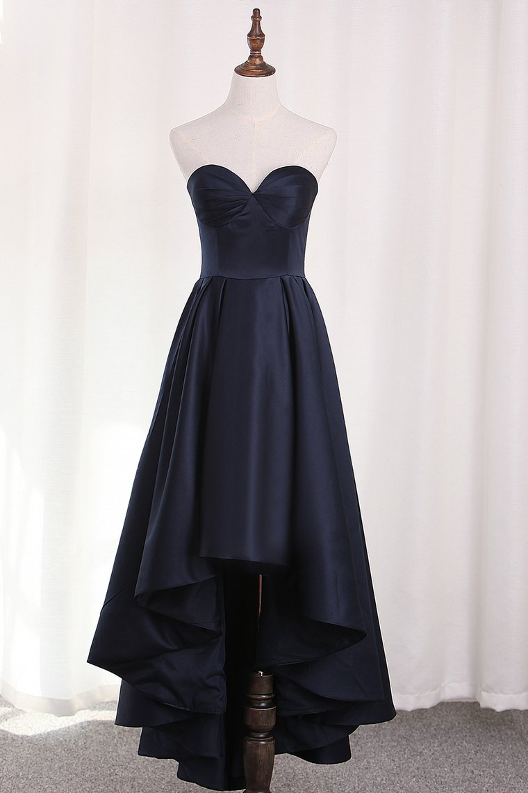 A Line Satin Asymmetrical Sweetheart Evening Dresses With Ruffles