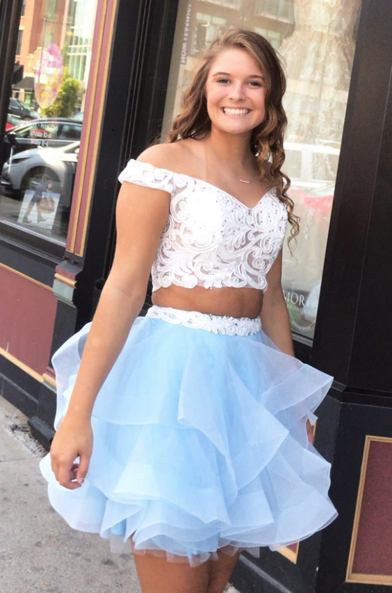 White Lace Off the Shoulder Tiered Homecoming Dresses Short Prom Garduation Dress,5870