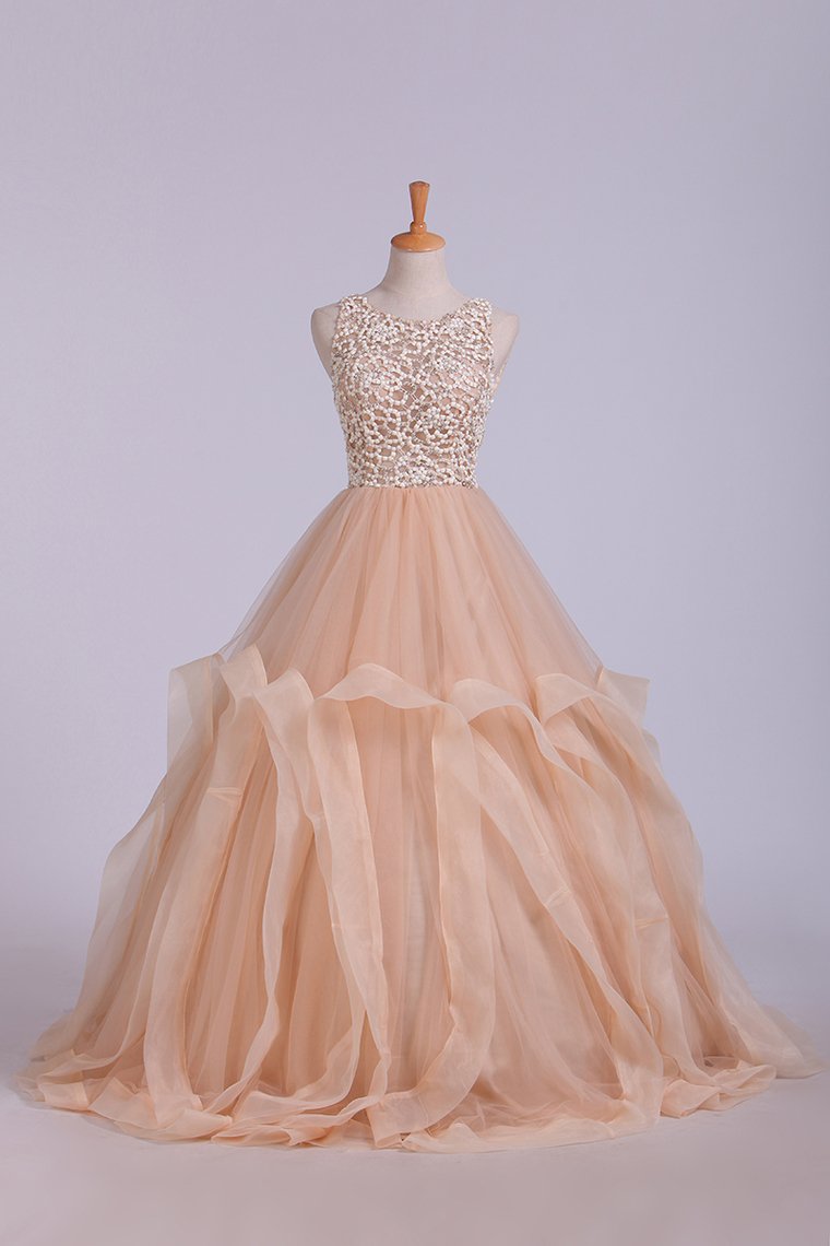 Scoop Ball Gown Tulle Floor Length With Beading Floor Length