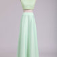 Two Pieces Cap Sleeves A Line Prom Dresses Scoop Beaded Bodice Stretch Satin