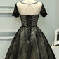 Short Sleeves Black Lace Knee Length Prom Dress Homecoming Dresses Party Gowns,5905