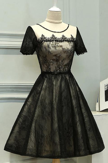 Short Sleeves Black Lace Knee Length Prom Dress Homecoming Dresses Party Gowns,5905