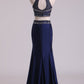 Dark Royal Blue Halter Two-Piece Beaded Bodice Mermaid Open Back Prom Dresses Spandex & Tulle Floor Length