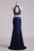 Dark Royal Blue Halter Two-Piece Beaded Bodice Mermaid Open Back Prom Dresses Spandex & Tulle Floor Length