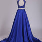 Two Pieces High Neck Prom Dresses A Line Beaded Bodice Satin Dark Royal Blue