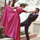 A Line Prom Dresses Scoop Long Sleeves Satin With Applique Sweep Train
