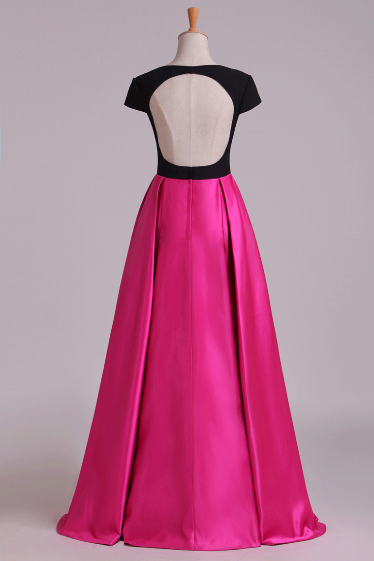 Evening Dress Open Back V-Neck Short Sleeve A-Line Satin Black Bodice Floor-Length