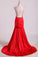 Open Back Prom Dresses Stretch Satin Scoop Sweep Train