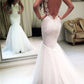 Elegant Mermaid White V Neck Appliques Wedding Dresses, Tulle Beach Wedding Gowns SJS15183