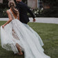 Modest A Line V Neck Wedding Dresses with Appliques, Beach Wedding Gowns SJS15584