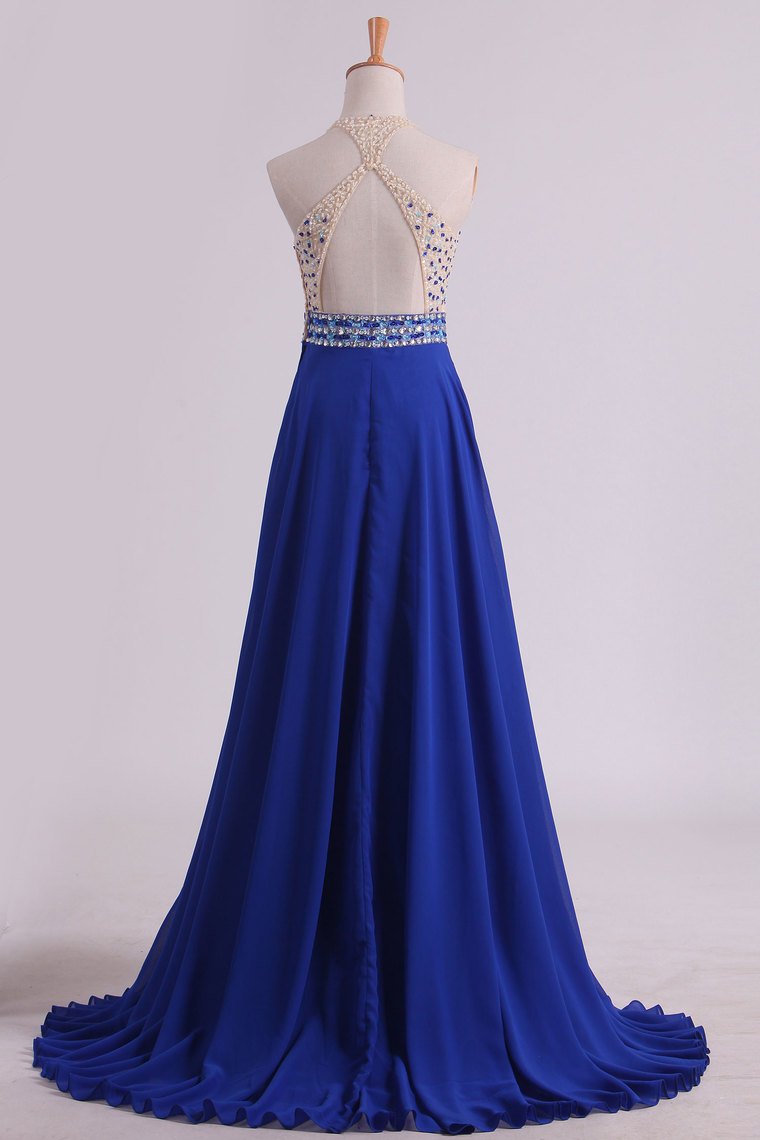 Halter Beaded Bodice Prom Dresses A Line Chiffon & Tulle Sweep Train Backless