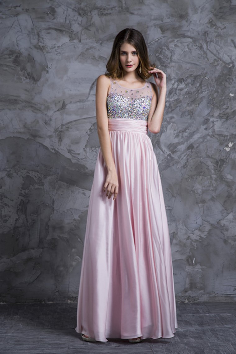 Sexy Prom Dresses Scoop Neckline Princess Floor Length Chiffon Beaded Bodice