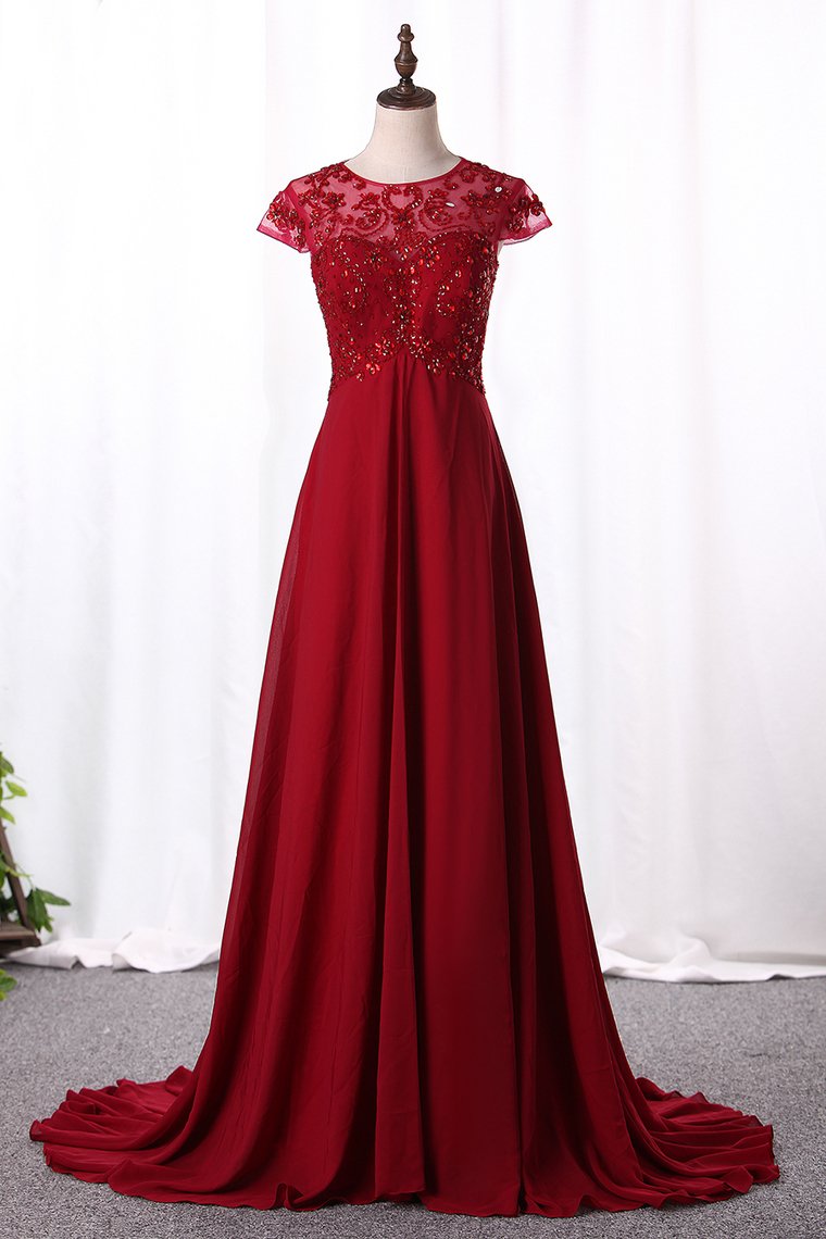 Prom Dresses A Line Scoop Neck Empire Waist Chiffon With Beading Sweep Train