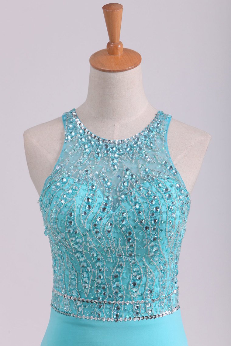 Open Back Scoop With Beading And Slit Spandex Prom Dresses