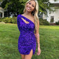 Purple One Shoulder Long Sleeve Sequins Short Homecoming Dresses