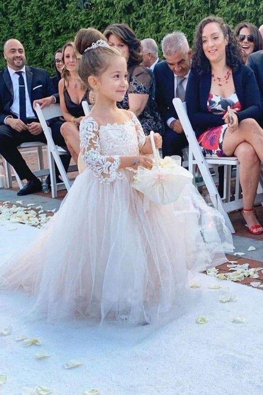 Ball Gown Long Sleeve Tulle Appliques Flower Girl Dresses with Bowknot, Baby Dresses SRS15560