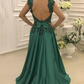 2024 A Line Straps Prom Dresses Open Back Satin With Applique And Beads