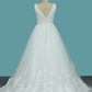 Wedding Dresses V Neck Tulle A Line With Applique Sweep Train
