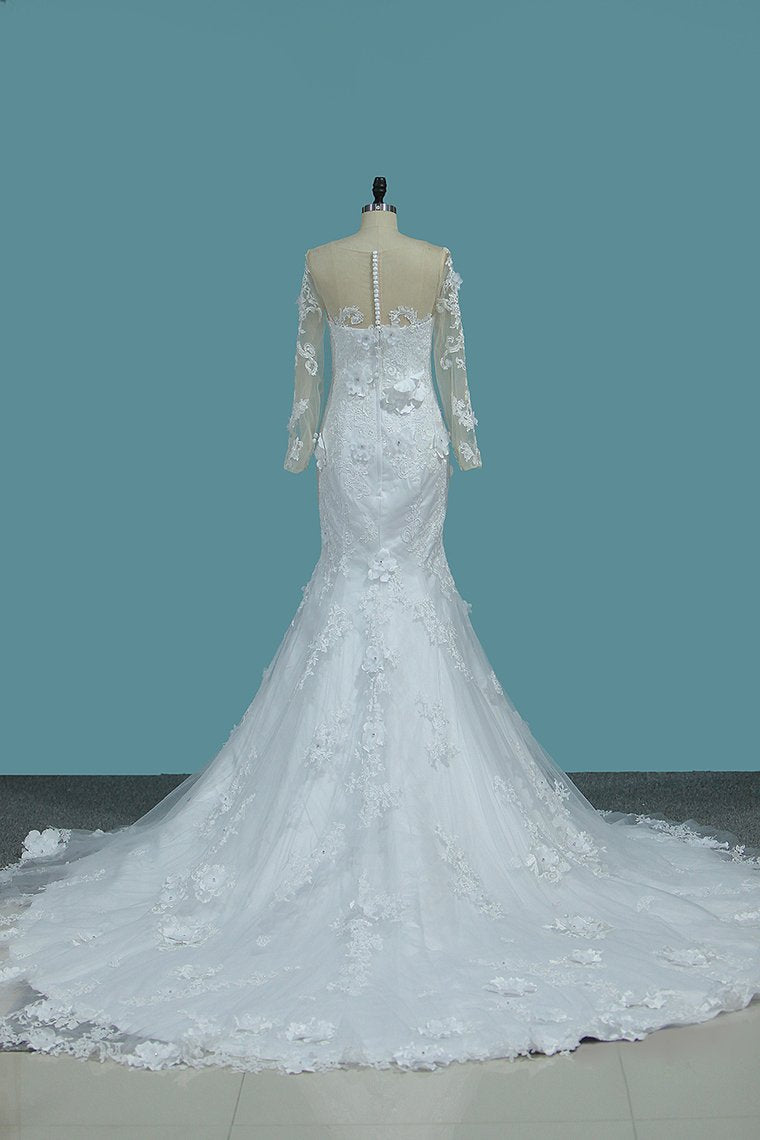 Scoop Long Sleeves Mermaid Wedding Dresses With Applique Tulle Chapel Train Detachable
