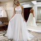 A Line Halter Tulle Wedding Dress with Top Lace, Backless Beach Wedding Dresses SJS15547