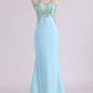 Sheath Open Back High Neck Chiffon With Applique And Beads Prom Dresses