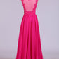 V-Neck A-Line/Princess Prom Dress With Beads & Applique Tulle And Chiffon