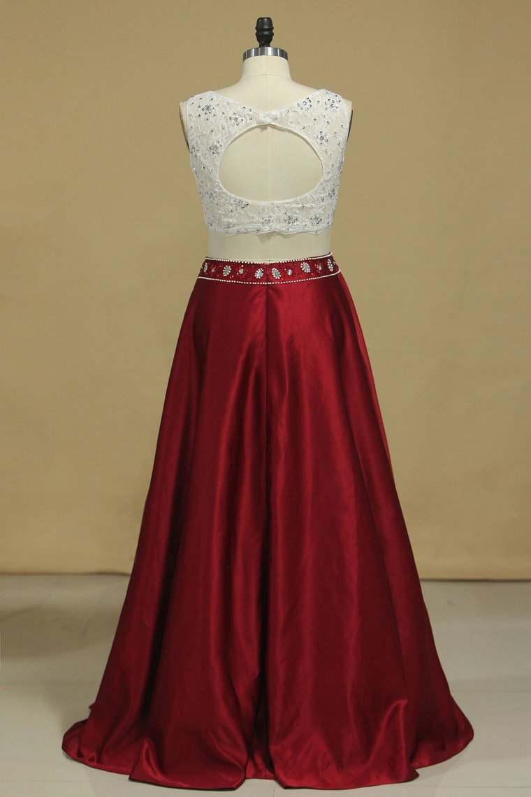 Prom Dresses A-Line Scoop Floor-Length Satin & Lace Open Back
