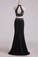 Black Halter Two-Piece Beaded Bodice Mermaid Open Back Prom Dresses Spandex & Tulle Floor Length
