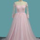 A Line Tulle Long Sleeves Scoop Wedding Dresses With Applique And Sash Sweep Train