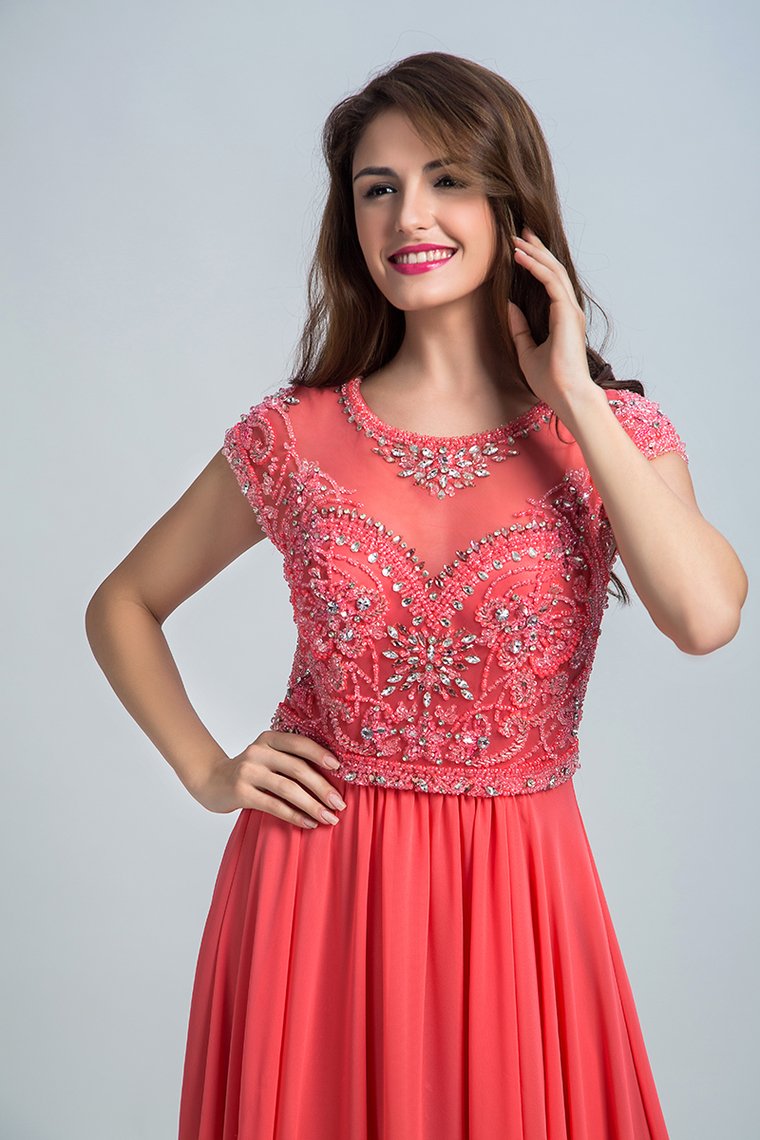 Prom Dresses Scoop A Line Chiffon With Beading Cap Sleeves