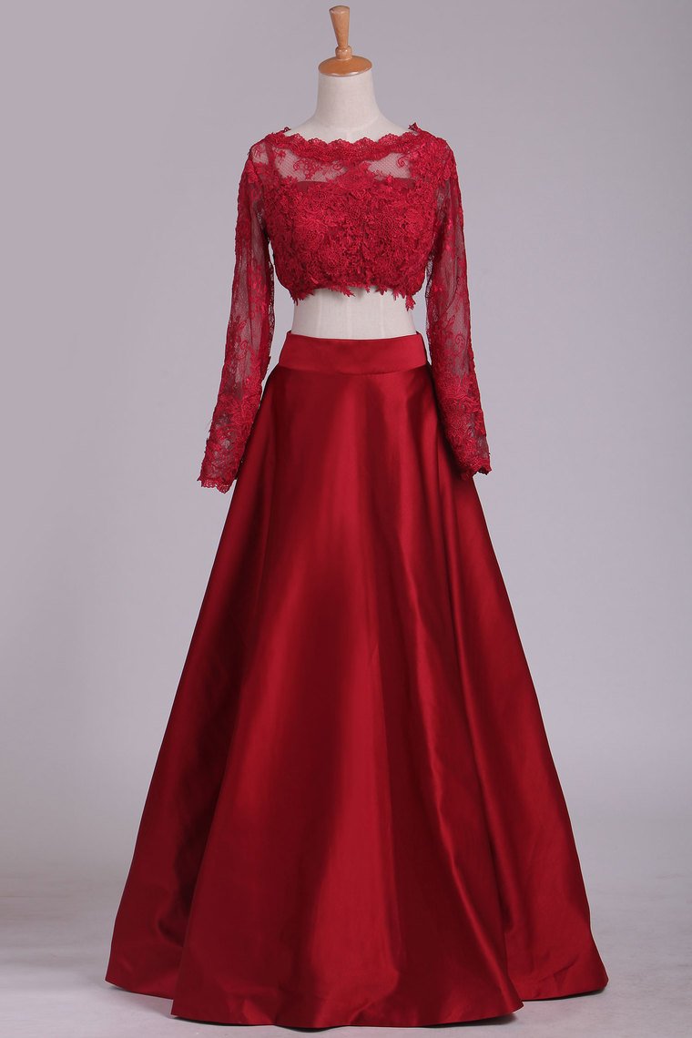 Long Sleeves Two-Piece Bateau Prom Dresses Floor Length Satin