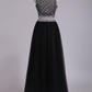 Two Pieces Prom Dress Bateau A Line Tulle With Beading Floor Length
