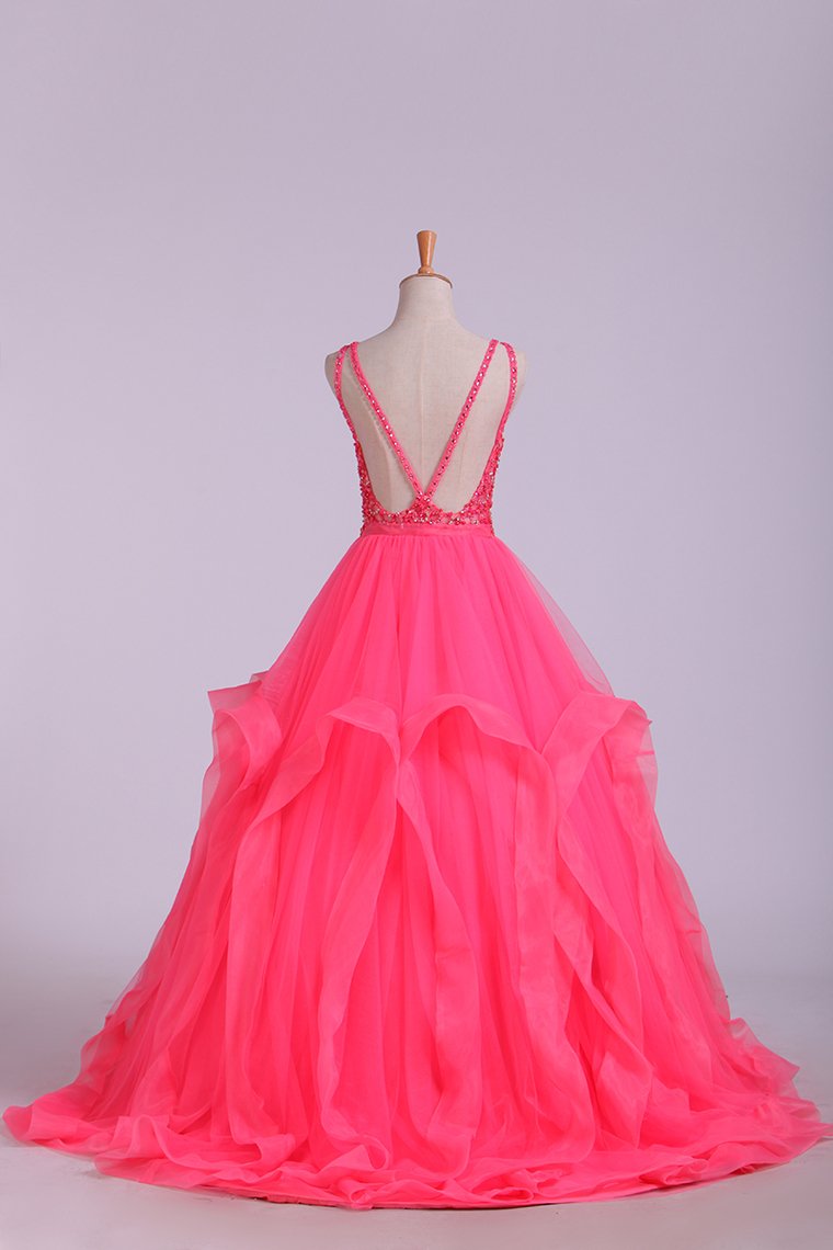 Beautiful Scoop Ball Gown Tulle Floor Length With Beads