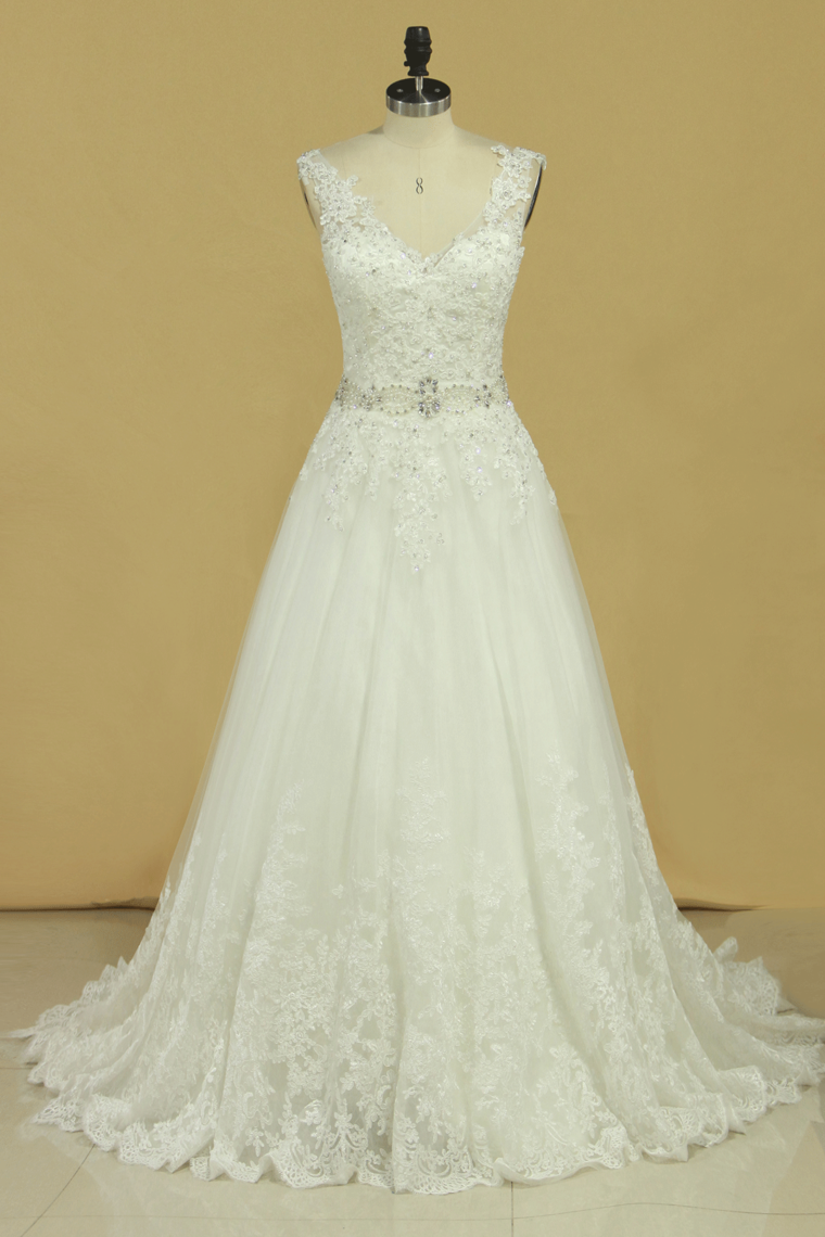 Bridal Dresses A Line V-Back Tulle Chapel Train V-Back Applique & Sash