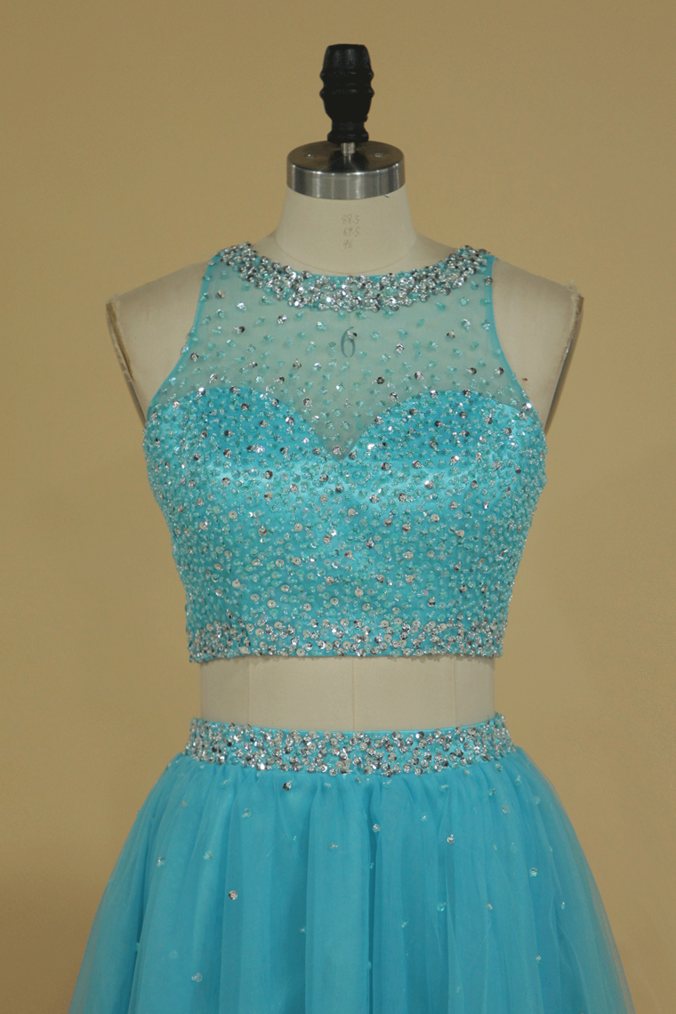 Two Pieces A Line Short/Mini Homecoming Dresses Scoop Tulle With Beading