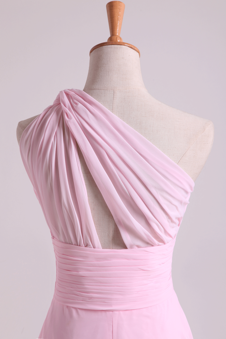 One Shoulder A Line Chiffon Bridesmaid Dresses With Ruffles Pearl Pink