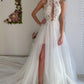 A Line Appliques Ivory Open Back Wedding Dresses, Long Beach Bridal Dresses SJS14990