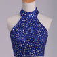 Two Pieces High Neck Prom Dresses A Line Beaded Bodice Satin Dark Royal Blue