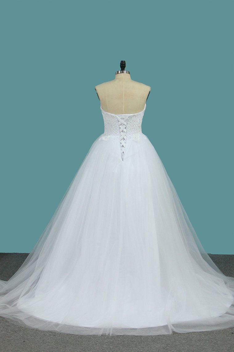 Sweetheart Tulle A Line Wedding Dresses With Applique And Beads Sweep Train
