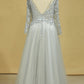 Long Sleeves Prom Dresses Bateau With Slit & Embroidery Tulle Floor Length Plus Size