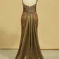 Brown High Neck Evening Dresses Column With Beading Lace Sweep Train