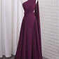 One Shoulder A Line Chiffon Prom Dresses With Ruffles Sweep Train
